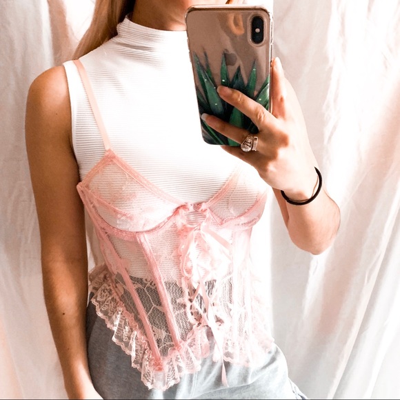 Tops - Pink lace corset lace up front ruffle bustier